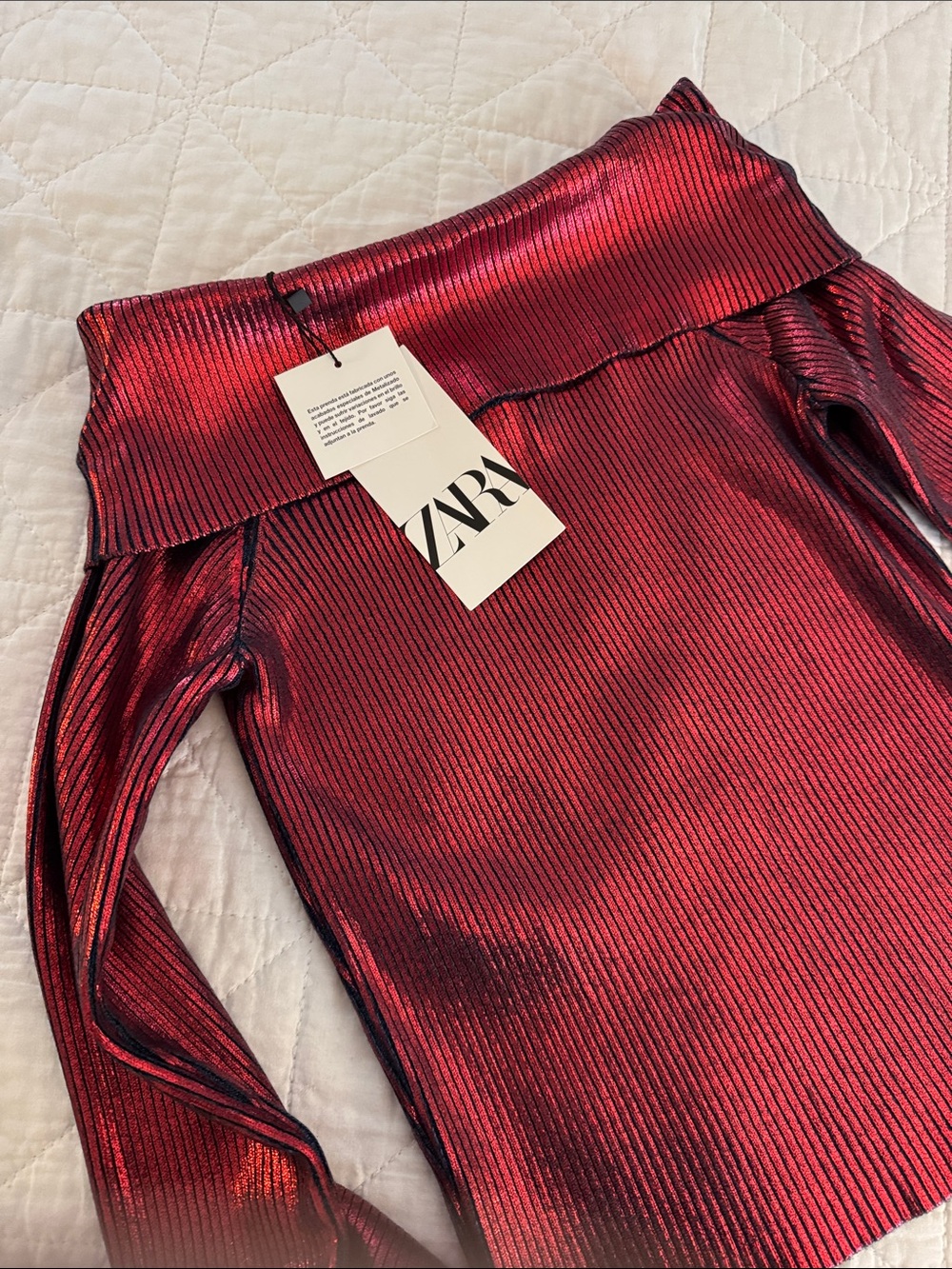 ZARA Metallic Ribbed Off-Shoulder Top in Deep Red